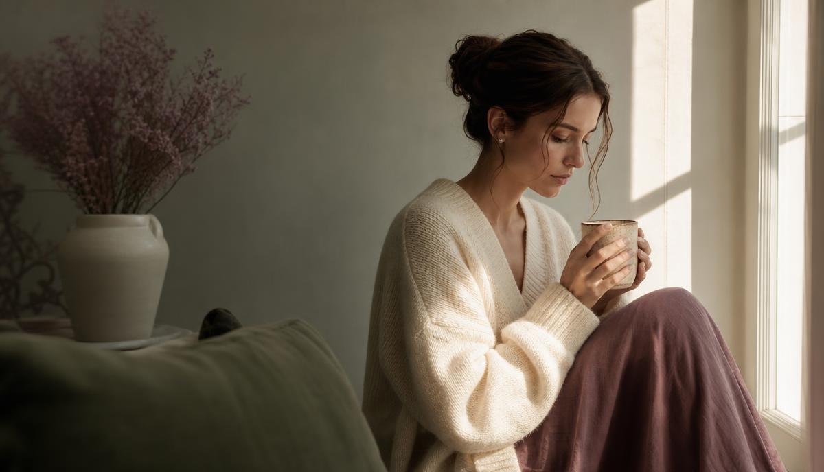 A woman sits quietly by a window with a warm cup, bathed in soft natural light.